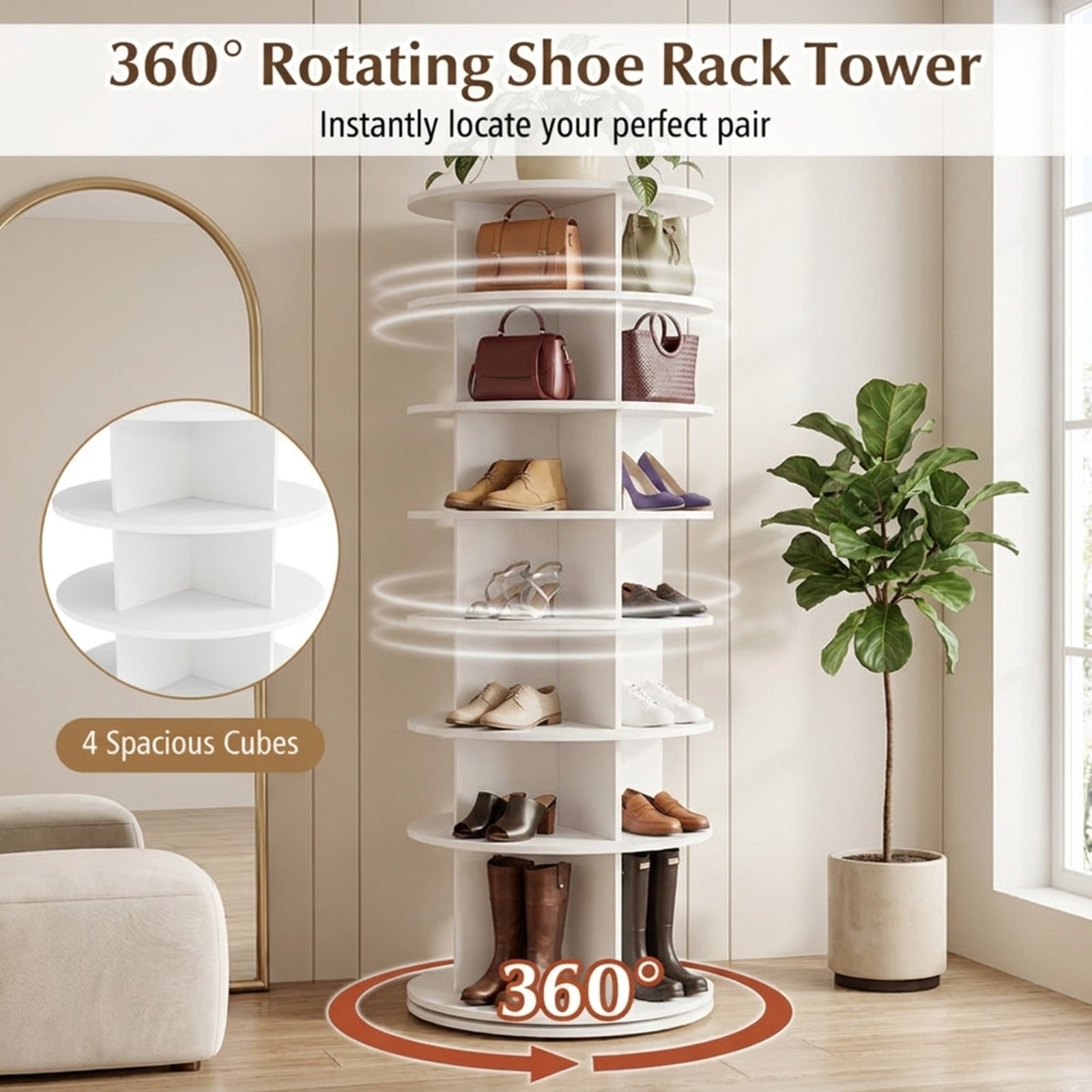 Furnibear 7 Tier Rotating Shoe Rack Tower Freestanding Spinning Shoe Organizer for Entryway Closet and Bedroom Corners, White