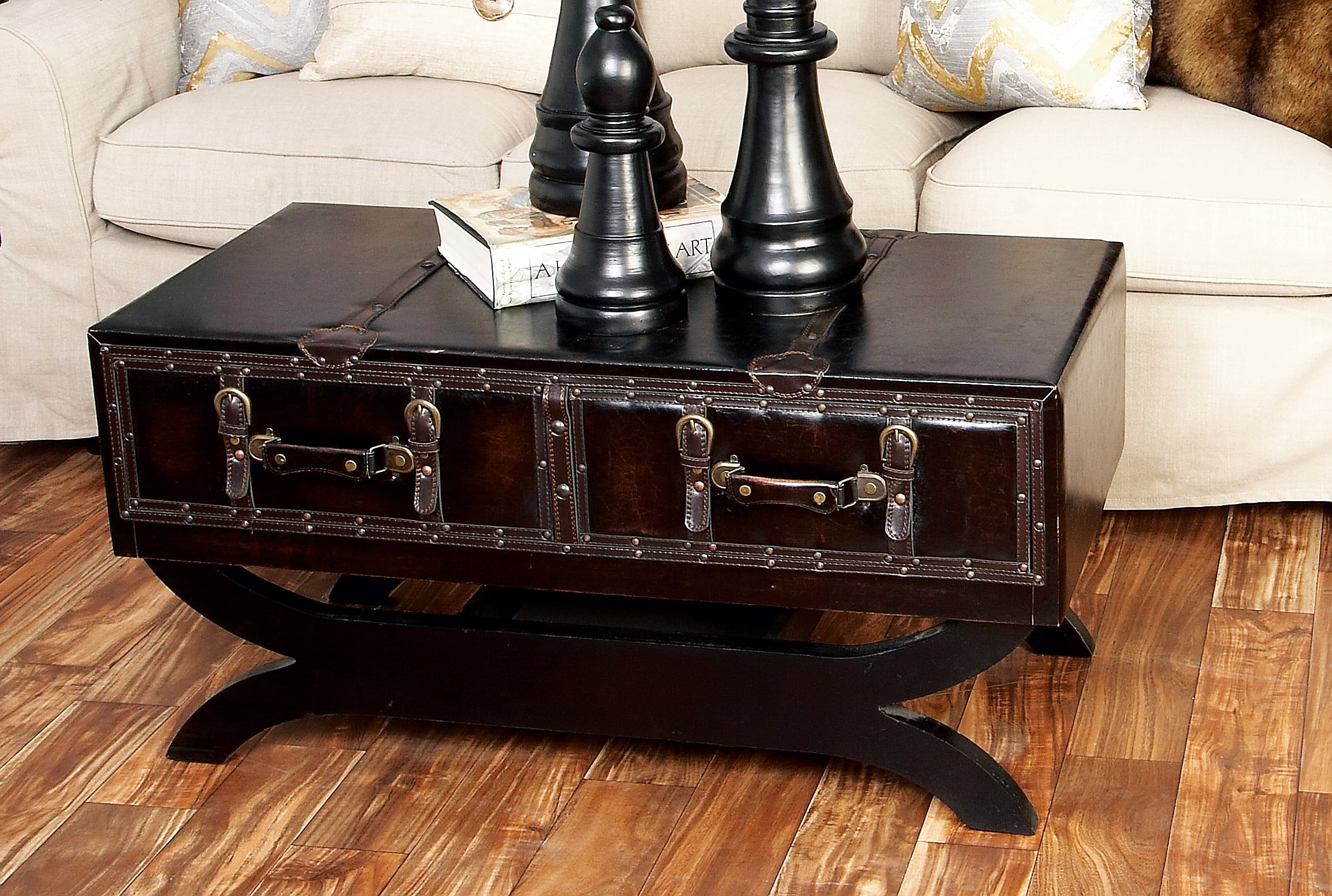 Decmode 40 x 21 Inch Traditional Dark Brown Leather Coffee Table with
