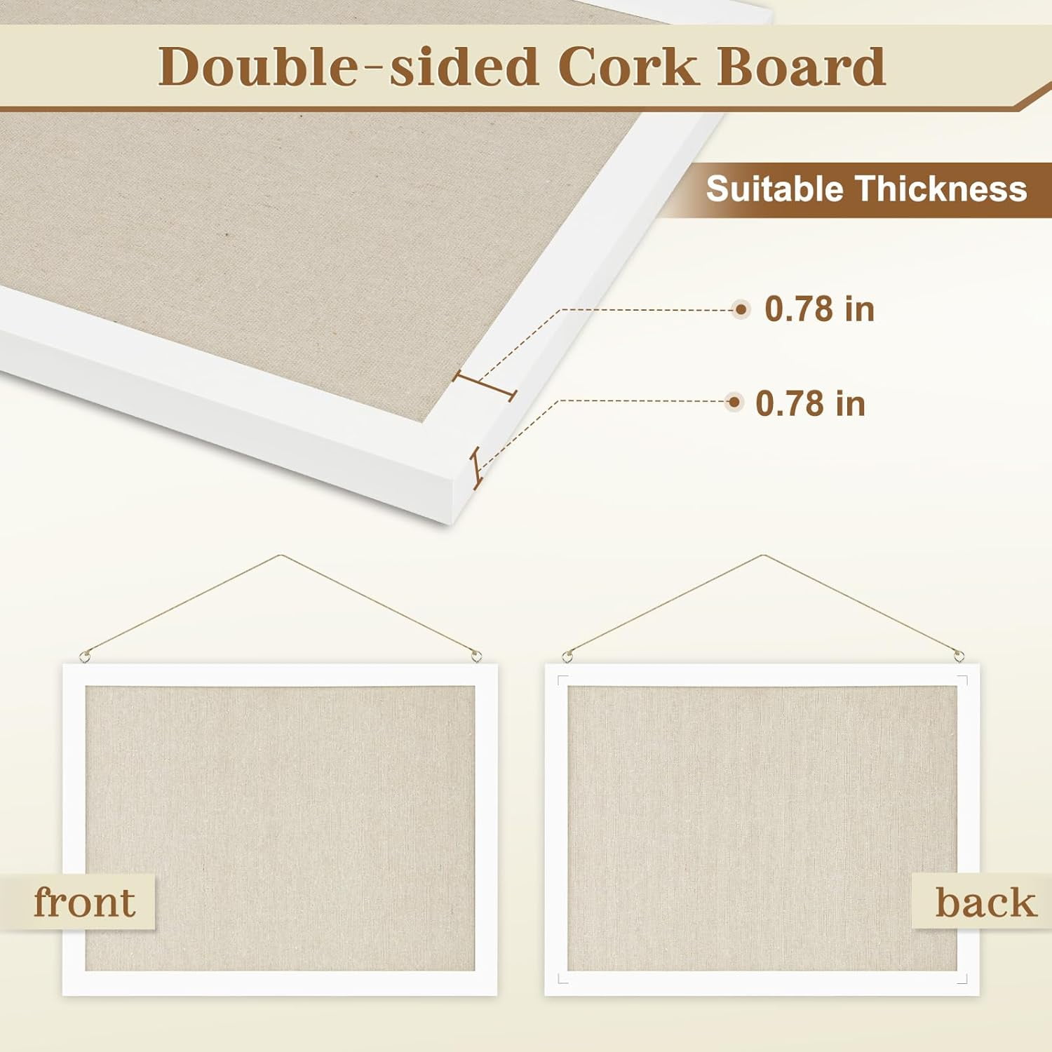 2-Pack Double-Sided Cork Board with Linen, 16" x 12" Hanging Wood Framed Bulletin Board, Picture Display Vision Board Kit Corkboards for Wall School Office Decor, 20 Pushpins (Vintage White)