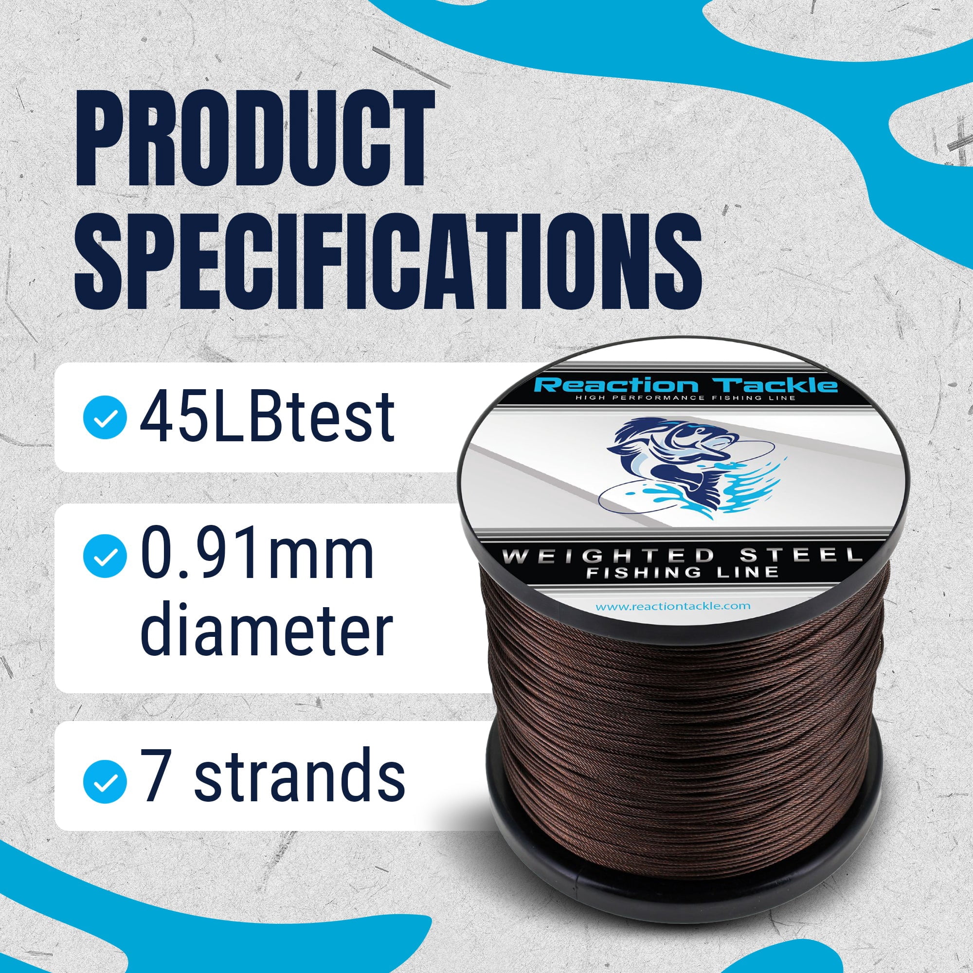 Reaction Tackle Weighted Stainless Steel Trolling Line 45LB- Premium Weighted Fishing Wire 45LB/ 600 foot
