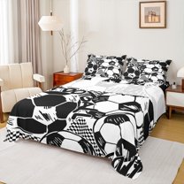 jejeloiu Soccer Game Twin Sheet Sets,Football Sport Theme Twin Fitted Sheet,White Black Check Flat Sheet For Boys Kids,Microfiber Bedroom Decor,3pcs