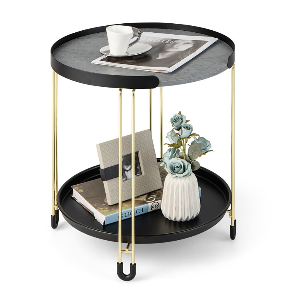 Finihen End Table, 2-Tier Round Side Table with Removable Tray and Metal Frame for Small Space, Sofa Side Table, Bed Side Table, for Living Room, Bedroom, Black