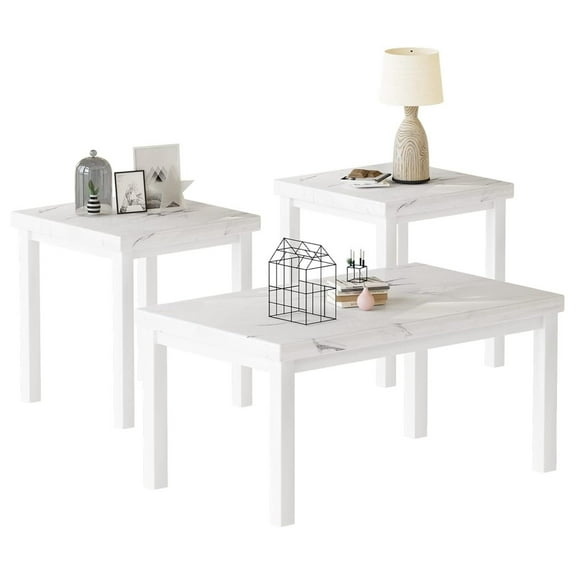 Coffee Table Set of 3, Modern Faux Marble Living Room Tables, Center & End Table Set for Home Office White