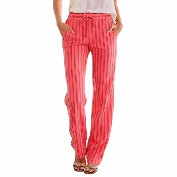 RUTAYY Women's Pants Casual Straight Leg Stripes Side Pockets Comfortable Loose Fit Bottoms with Drawstring Waist Trendy Beach Trousers