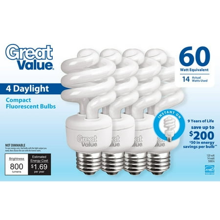 Great Value Light Bulb 14 (60W Equivalent) Spiral (CFL), Daylight, 4 ... Great Value Light Bulb 14 (60W Equivalent) Spiral (CFL), Daylight, 4 ...