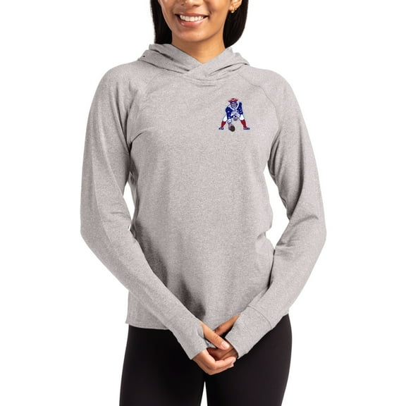 Women's Cutter & Buck Heather Gray New England Patriots Throwback Logo Adapt Knit Recycled Raglan Pullover Hoodie
