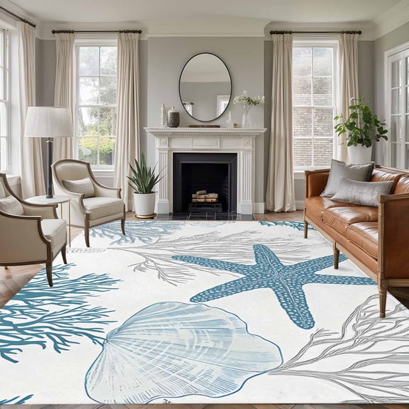 6x9 Area Rugs for Living Room, Starfish Coastal Non Slip Area Rugs for Kitchen Bedroom Entryway, Nautical Ocean Summer Beach Coral Sea Washable Carpet Runner Rug Floor Mats for Bedroom Home Decor