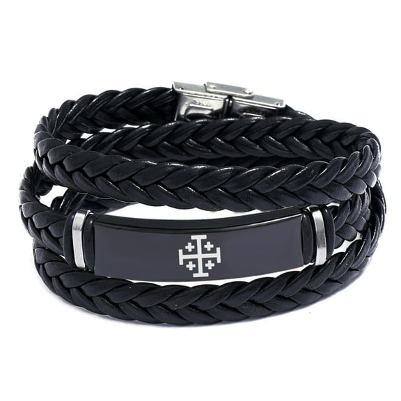 Jerusalem Cross Layered Wrap Leather Greek Crossbars Bracelet Christian Crusaders Crosses Men Biker Bangle Catholic Religious Jewelry for Israel, Black