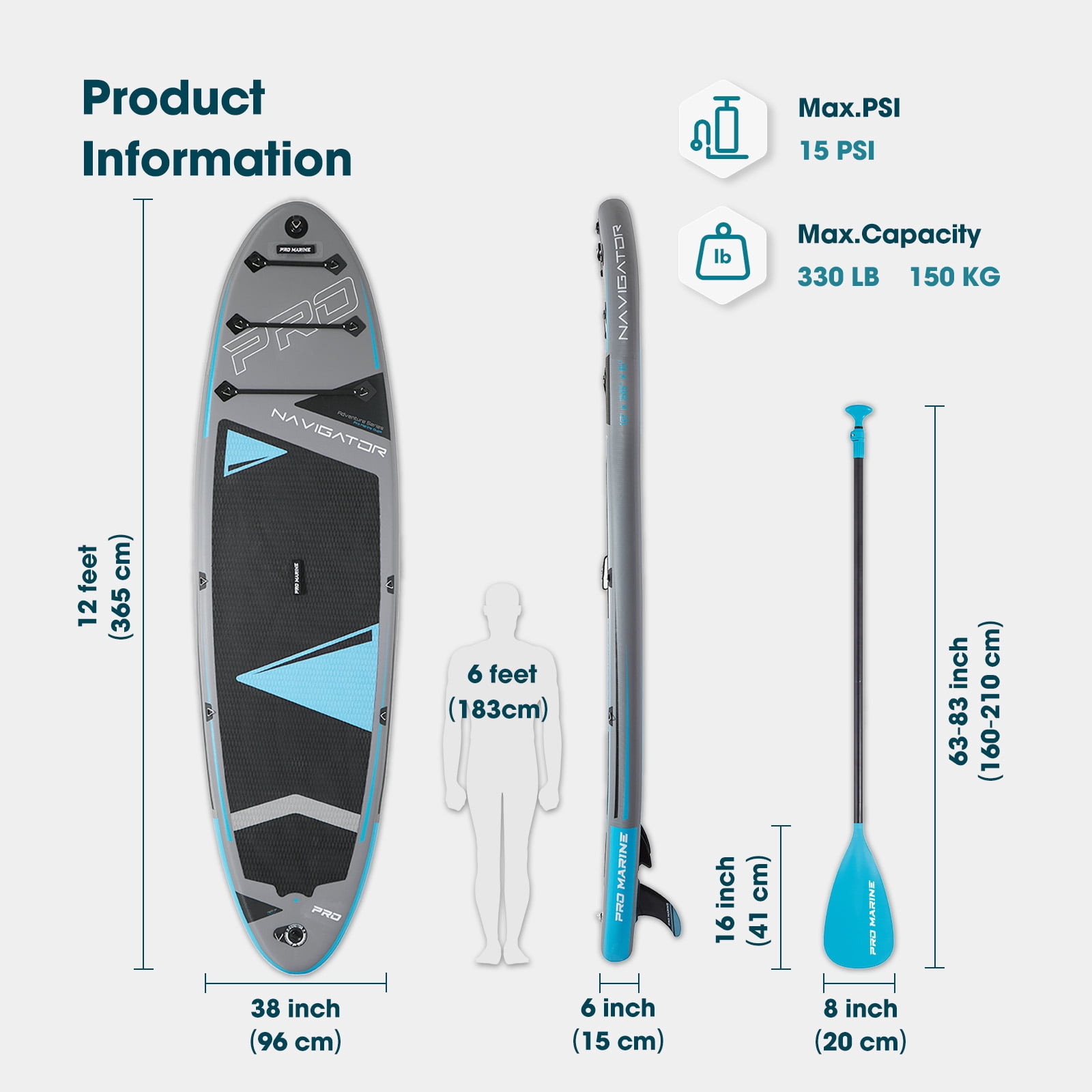 PROMARINE 12' Inflatable Stand up Paddle Boards  with Aluminum Paddle SUP Accessories Waterproof Bag, Non-Slip Comfort Deck (Blue)