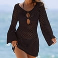 thumbnail image 4 of Efsteb Women's Summer Crochet Swimsuit Cover-up Solid Color Long Bell Sleeve Mini Dress for Beach Vacation (Coffee,L), 4 of 5