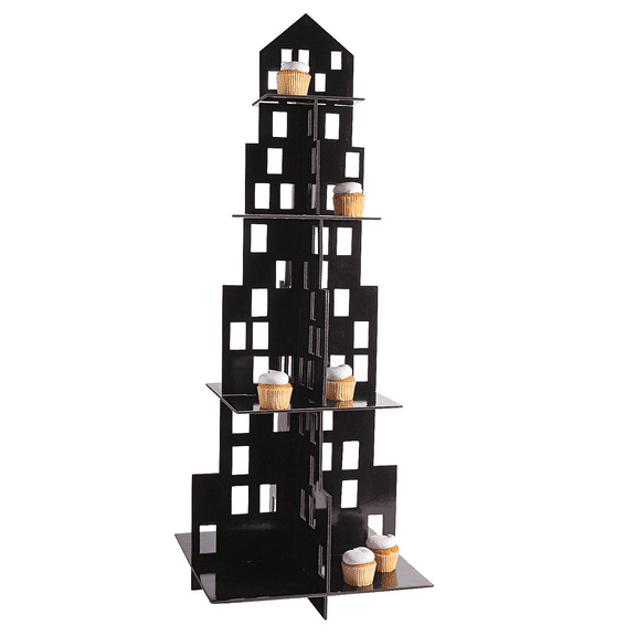 Large City Cupcake Holder 16” x 42” Foam City 4-Tier Party Cake Stand, Black