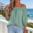 thumbnail image 2 of Tqcoqu Women's Solid Off Shoulder Ruffle Elastic 3/4 Puff Sleeve Blouse,Loose Flowy Summer Casual Pullover Top,Mint Green Women's S-XXL, 2 of 7