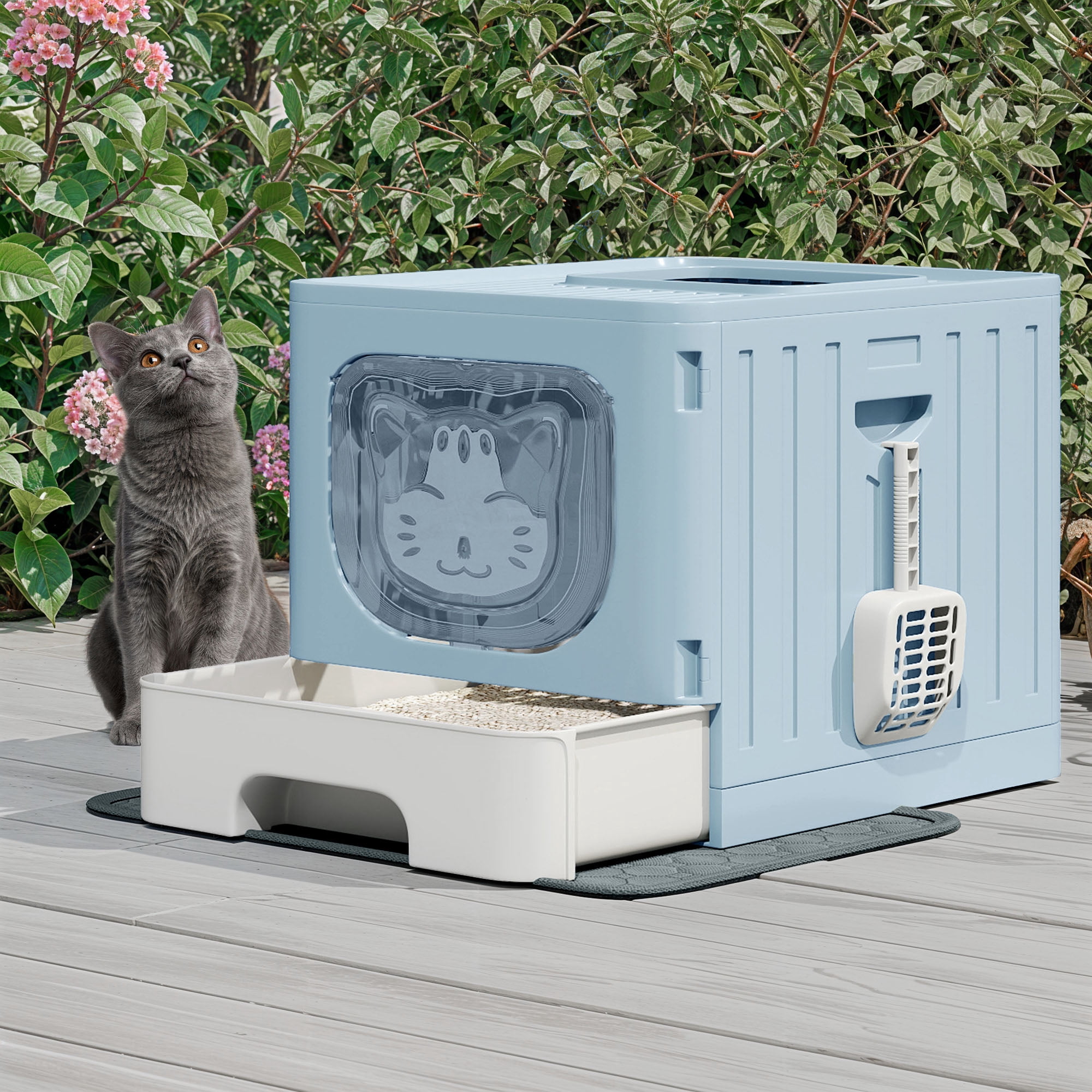 Uforic Large Enclosed Cat Litter Box with Mat and Litter Scoop,Cat Toilet Box with Lid Drawer Type Easy to Clean,Blue