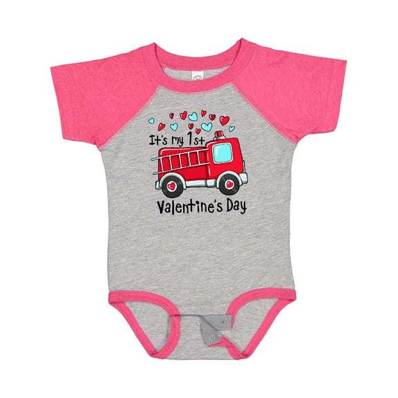 Inktastic It's My 1st Valentine's Day Fire Truck Boys or Girls Baby Bodysuit