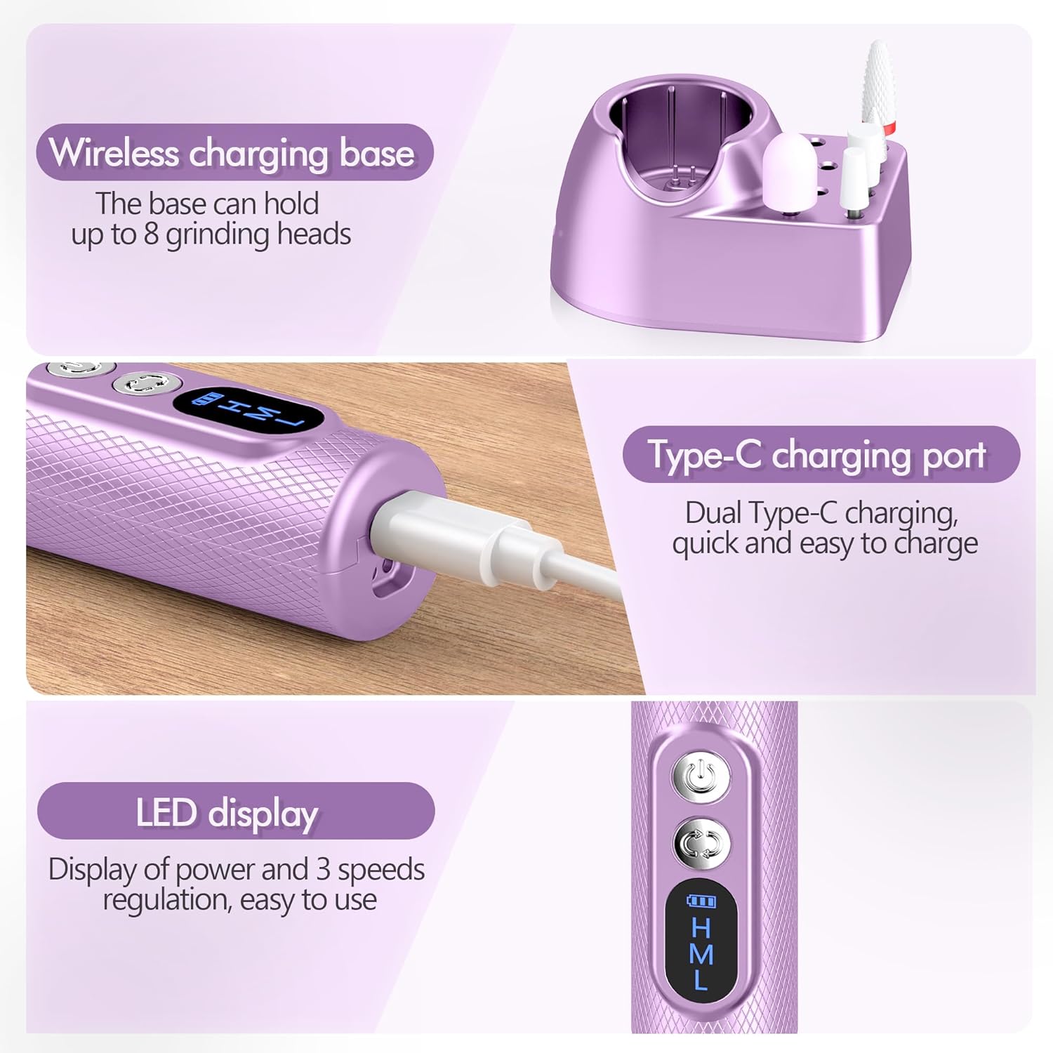 Aorsher Cordless Electric Nail Drill Professional E-File Nail Drill Kit for Acrylic, Gel Nails, Manicure Pedicure Polishing Shape Tools Design for Home Salon Use Gray