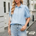 thumbnail image 3 of Scyoekwg Women's Button Down Shirts Short Puff Sleeve Collared V Neck Dressy Casual Blouse Tops (Sky Blue,XL), 3 of 5