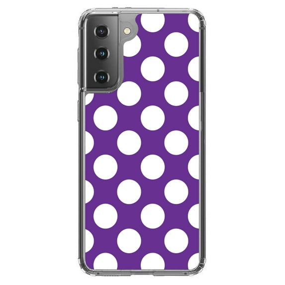 DistinctInk Clear Shockproof Hybrid Case for Galaxy S21+ PLUS 5G (6.7" Screen) - TPU Bumper, Acrylic Back, Tempered Glass Screen Protector - White & Purple Polka Dots