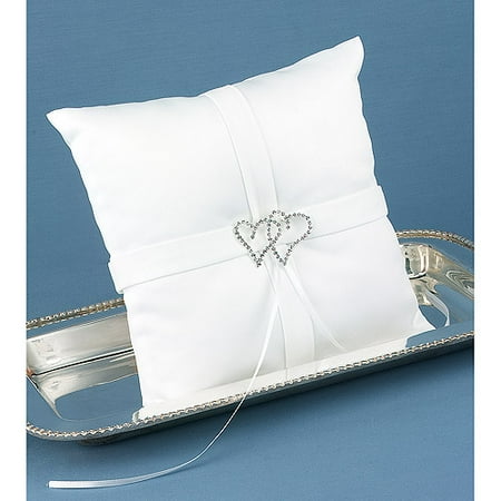 Double Rhinestone Hearts White Satin Ring Pillow