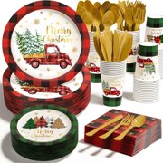 350 PCS Buffalo Plaid Disposable Dinnerware Set(50 Guest) with Paper Plates Napkins Cups Plastic Fork Knive Spoon for Holiday Decor