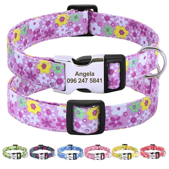 Didog Floral Personalized Dog Collar Soft Padded Nylon with Custom Engraved ID Buckle