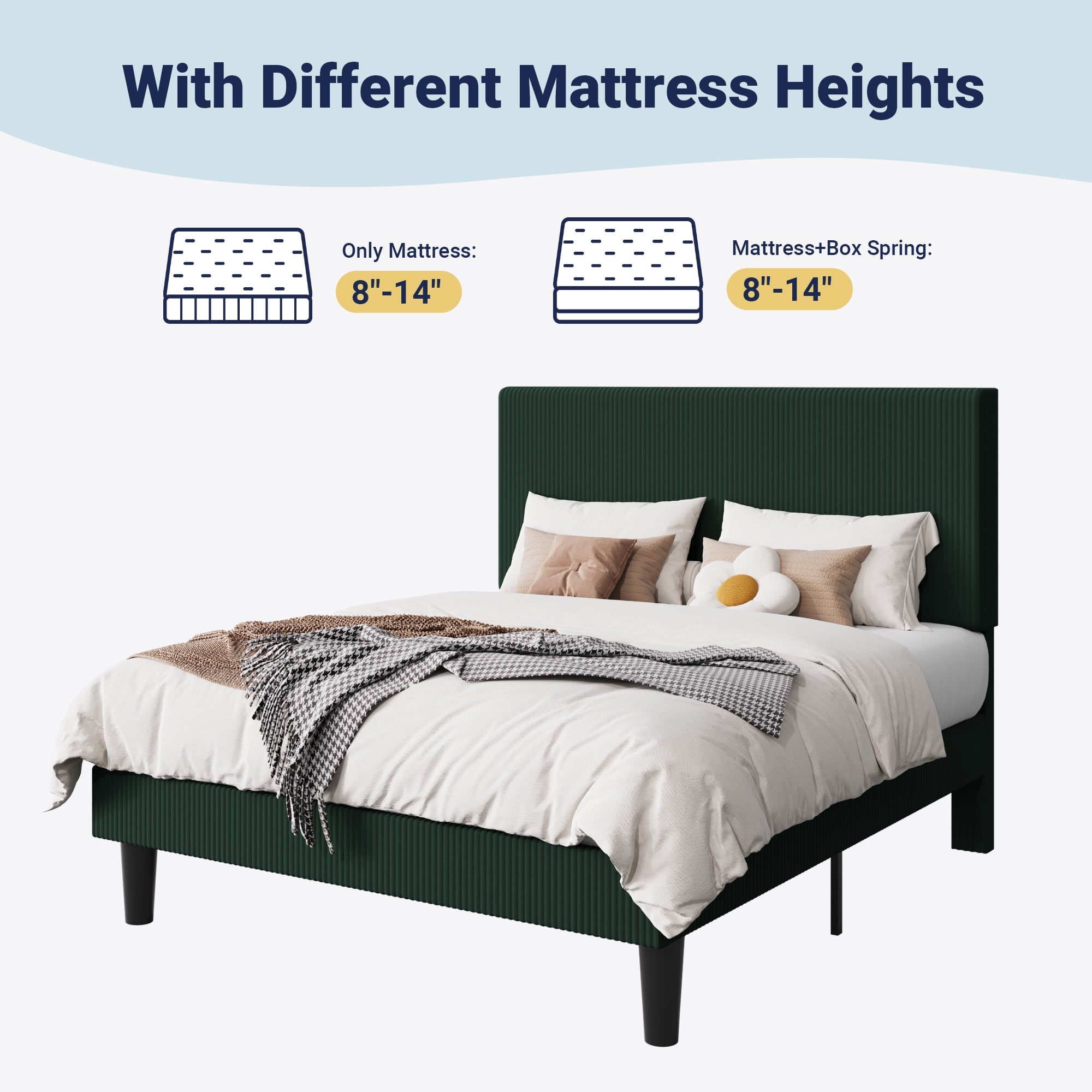 Allewie King Size Upholstered Bed Frame with Vertical Channel Tufted Headboard, Soft Corduroy Fabric Platform Bed, Green