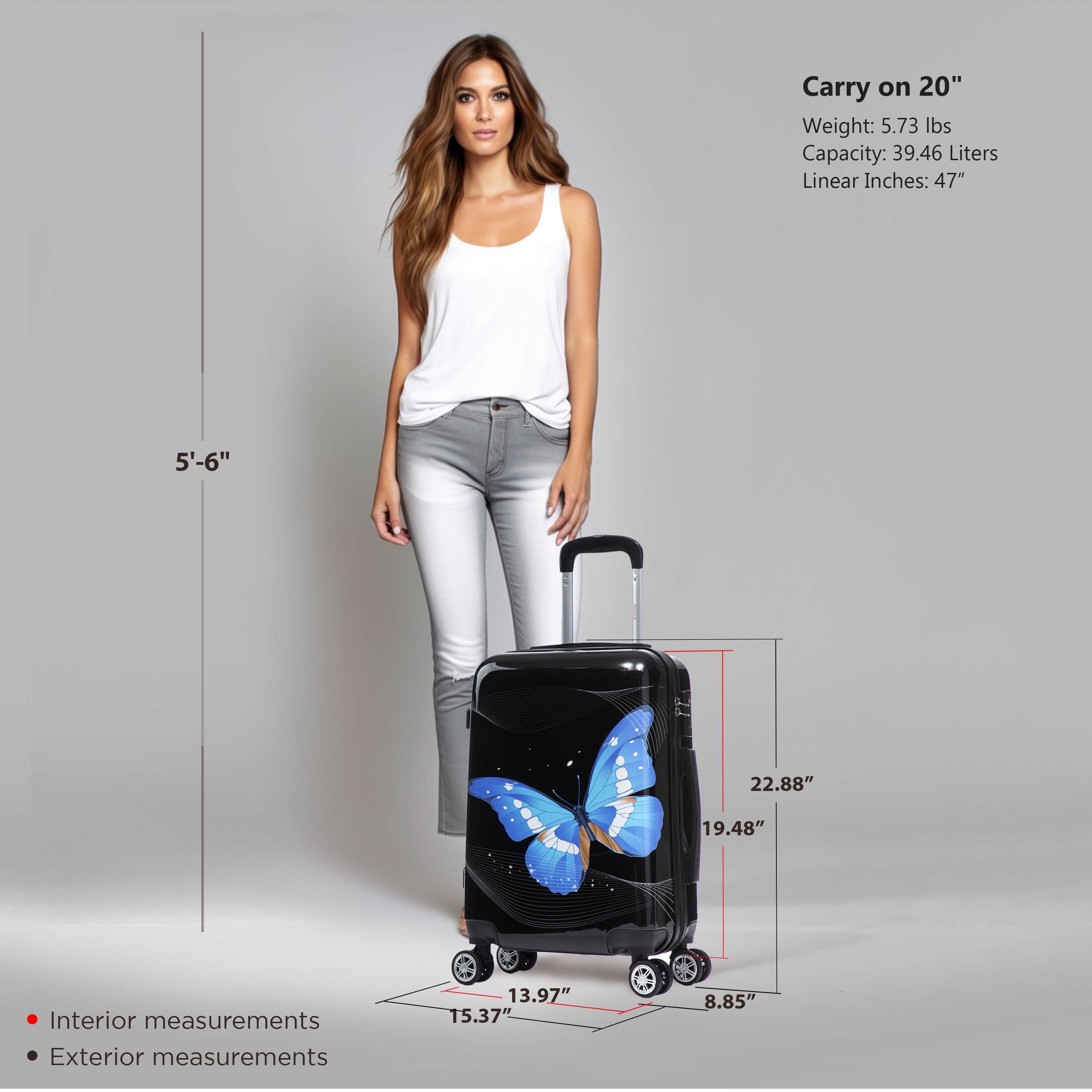InUSA Print 20" Hardside Checked Luggage with Spinner Wheels, Handle and Trolley, Black Butterfly