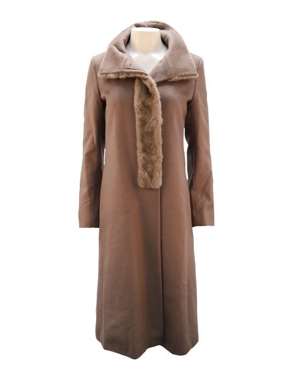 Pre-Owned Max Mara Long Jacket with Faux Fur Collar in Brown Alpaca Fibre