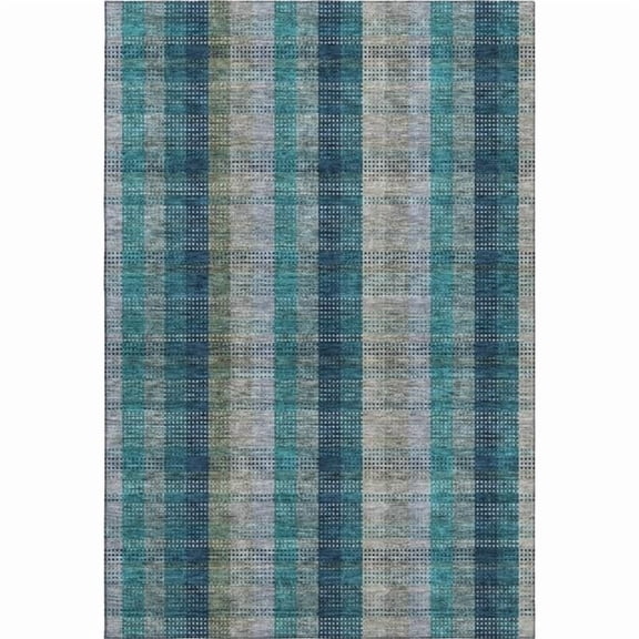 HomeRoots 676511 9 x 12 ft. Teal Olive Green & Taupe Plaid Washable Machine Made Rectangle Area Rug with UV Protection