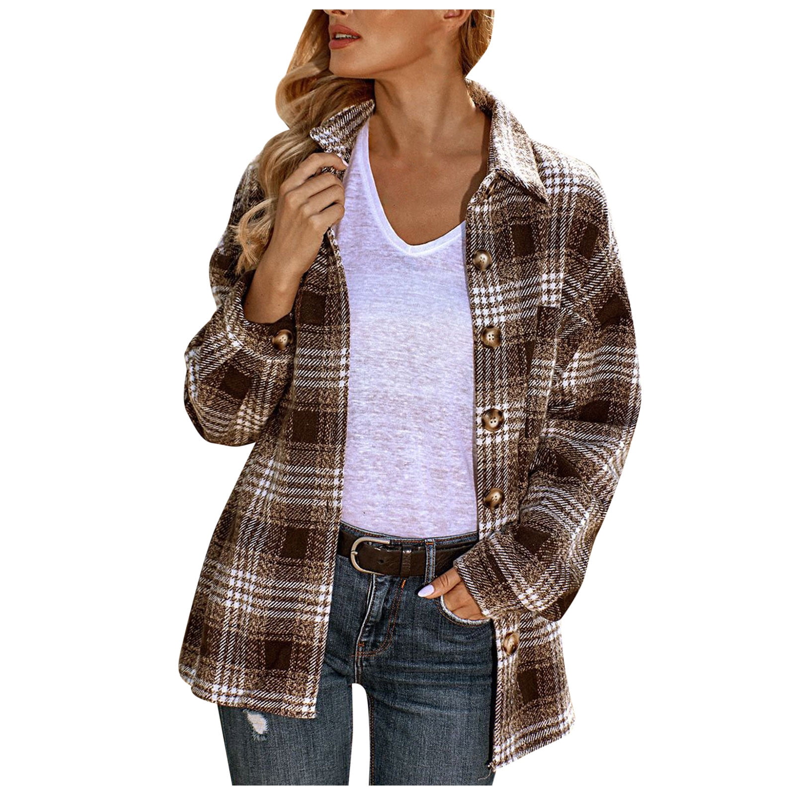 Bsubseach Long Sleeve Jacket with Pocket Plaid Color Block Buttoned Casual Shirts Outerwear