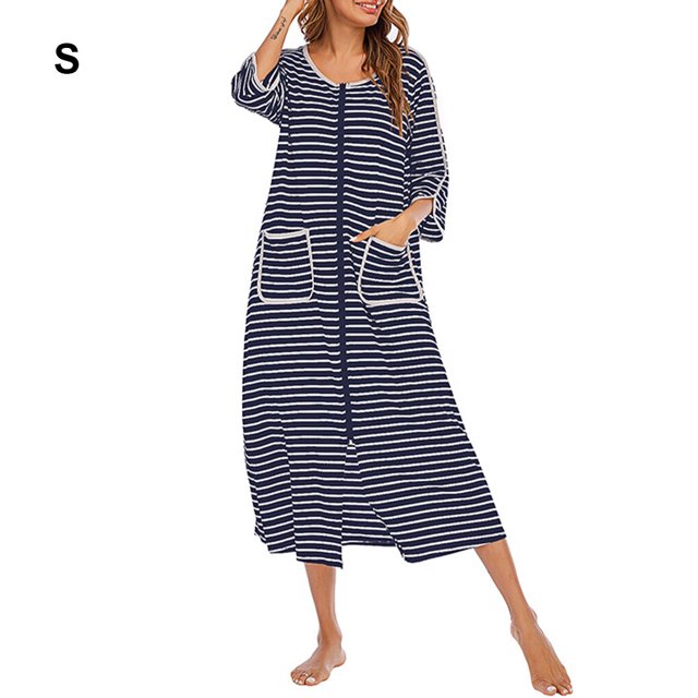 Langgg Robe de Nuit en Polyester pour Femmes Col Rond Fermeture Éclair Respirante Cardigan Maison Bureau Robe de Nuit Vêtements de Nuit Bleu Foncé S