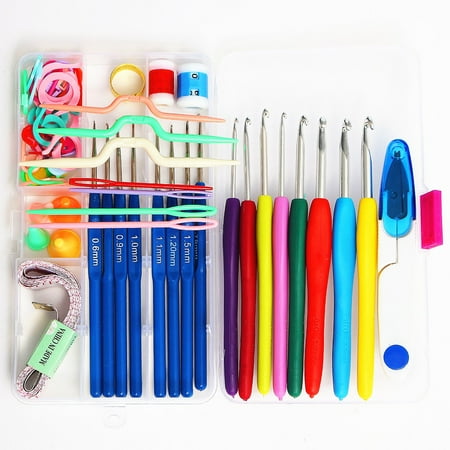 Knitting Sewing Needle (16 Sizes Colorful Stainless Steel Ergonomic Crochet Hooks Kit Handmade Needles Stitches Sewing Knitting Weave Craft Yarn Hand Tool Case Set Soft Grip Handles Sewing)