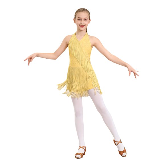 vastwit Girls Kids Sparkly Fringe Latin Dance Dress Halter Neck Sleeveless Leotard Dress Dancewear Yellow 12
