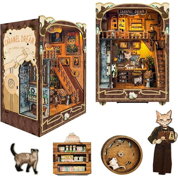 Book Nook Kit, DIY Dollhouse Kit Wooden Bookend, Bookshelf Decor 3D Puzzle Book Nooks for Adults to Build Gift