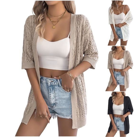 UVEASISHA Women Short Sleeve Crochet Cardigans Lightweight Summer Boho Kimono Cardigan Open Front Oversized Knit Sweaters Black S