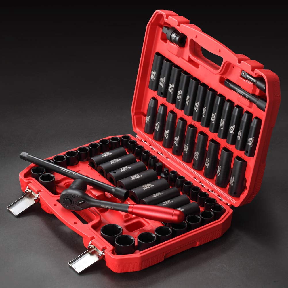 1/2" Master Drive Impact Socket Set,65-Piece 6 Point Socket Set Standard SAE and Metric Sizes CR-V Steel Sockets with Adapters & Ratchet Handle