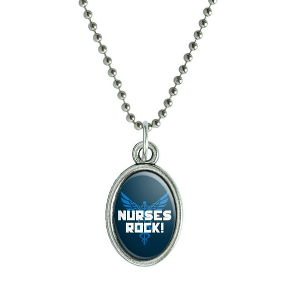 Nurses Rock RN Caduceus Staff of Hermes Antiqued Oval Charm Pendant with Chain