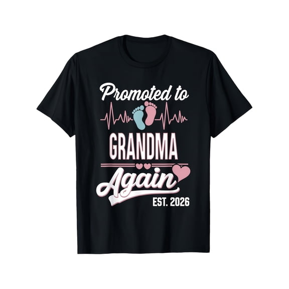 Promoted to Grandma Again Est 2026 First Time Grandma T Shirt'S Red Footprints & Grandchild Heart Design, Short Sleeve Round Neck Casual Top for New Grandmother