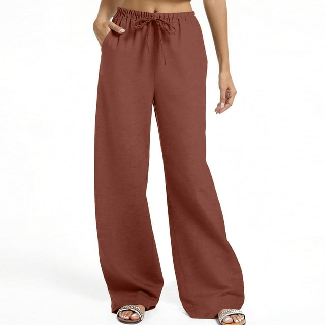 Womens Cotton Linen Wide Leg Pants Elastic High Waisted Drawstring Pants Casual Loose Solid Color Trousers with Pockets Wine S