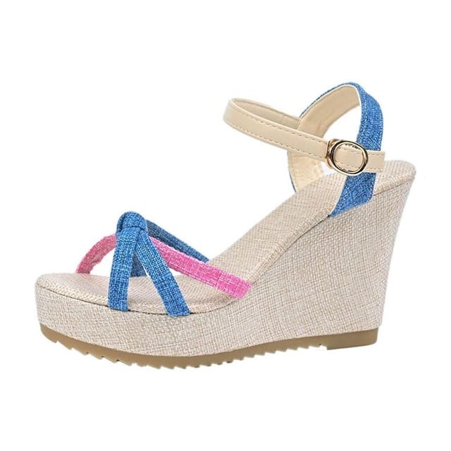 Sandales Compensées pour Femmes, Bout Rond Ouvert avec Brides Croisées et Boucle Ajustable, Talon Épais pour un Confort Stable en Tenue Décontractée (Mots-Clés Essentiels : Sandales Compensées pour Femmes)