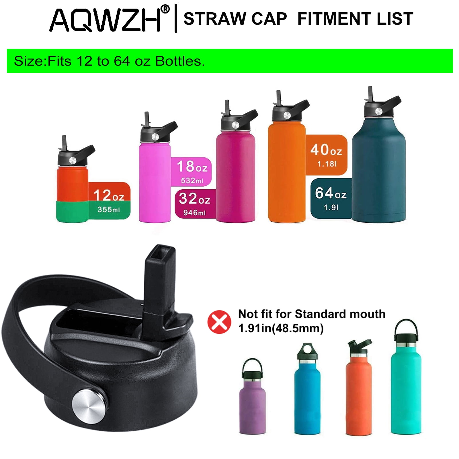 Wide Mouth Straw Lid 2 Straws and 1 Brush And 2 Protective Pads. Fits Most Sports Water Bottles.