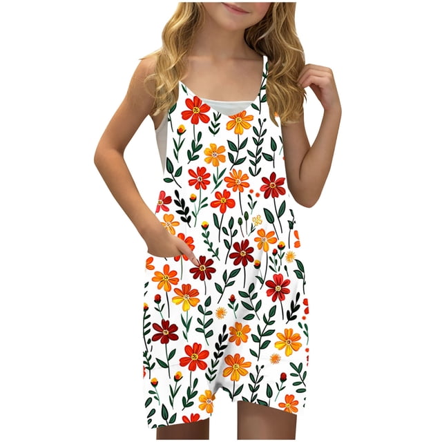 Zpanxa Girls Shorts Polyester Spandex Print Pattern Sleeveless Overalls with Pockets 11-12 Years