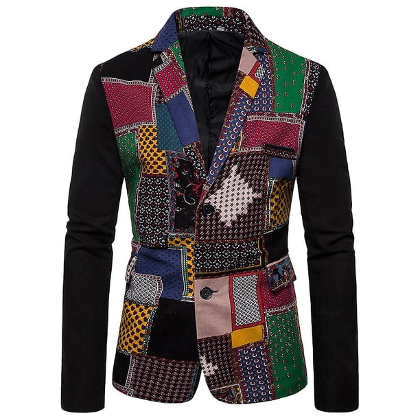 Mens Ethnic Colorblock Patchwork Printed Party Casual Blazer Coat Jackets Tops zhangyuxiang LED