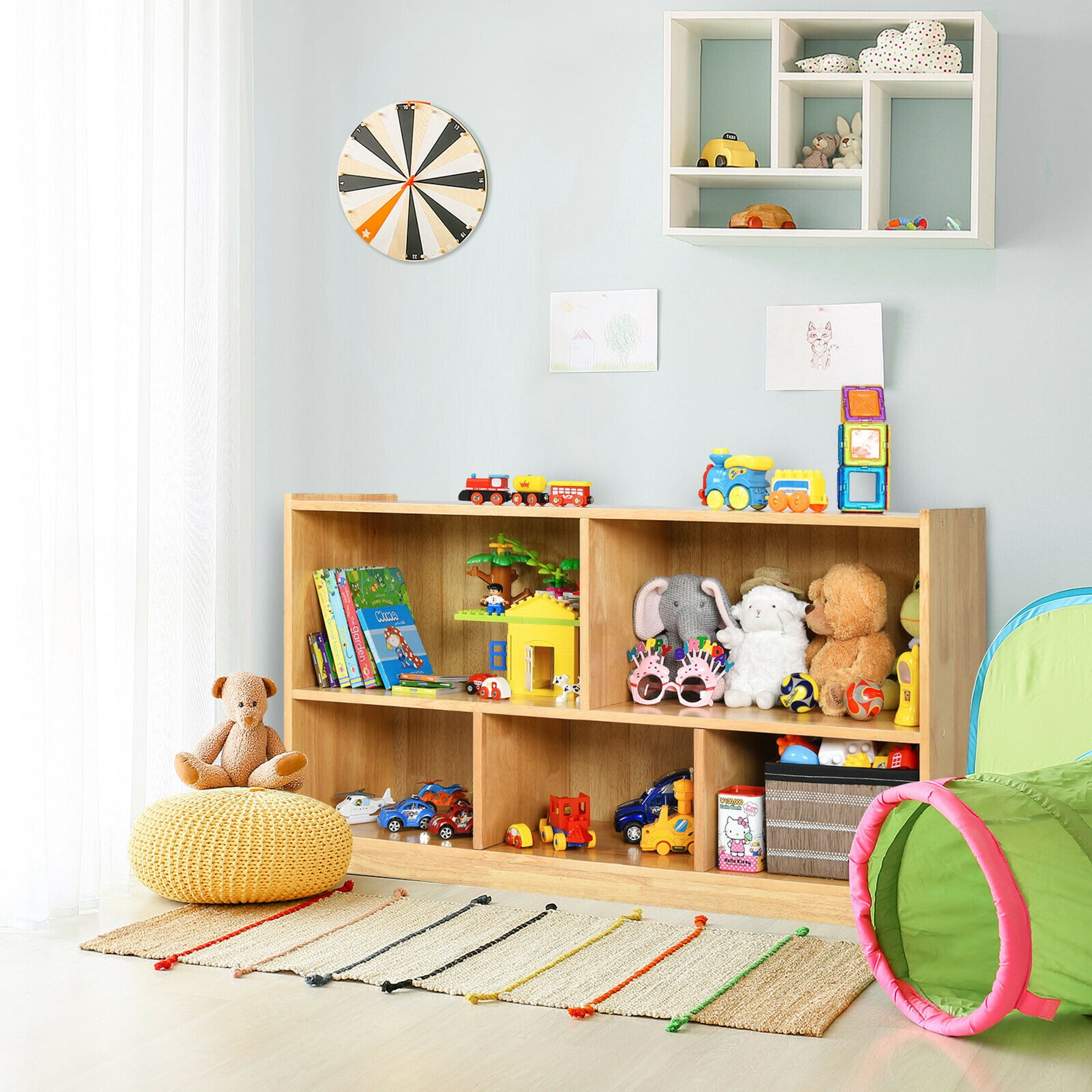 Gymax Kids 2-Shelf Wood Bookcase Organizer 5-Cube Storage Cabinet Natural