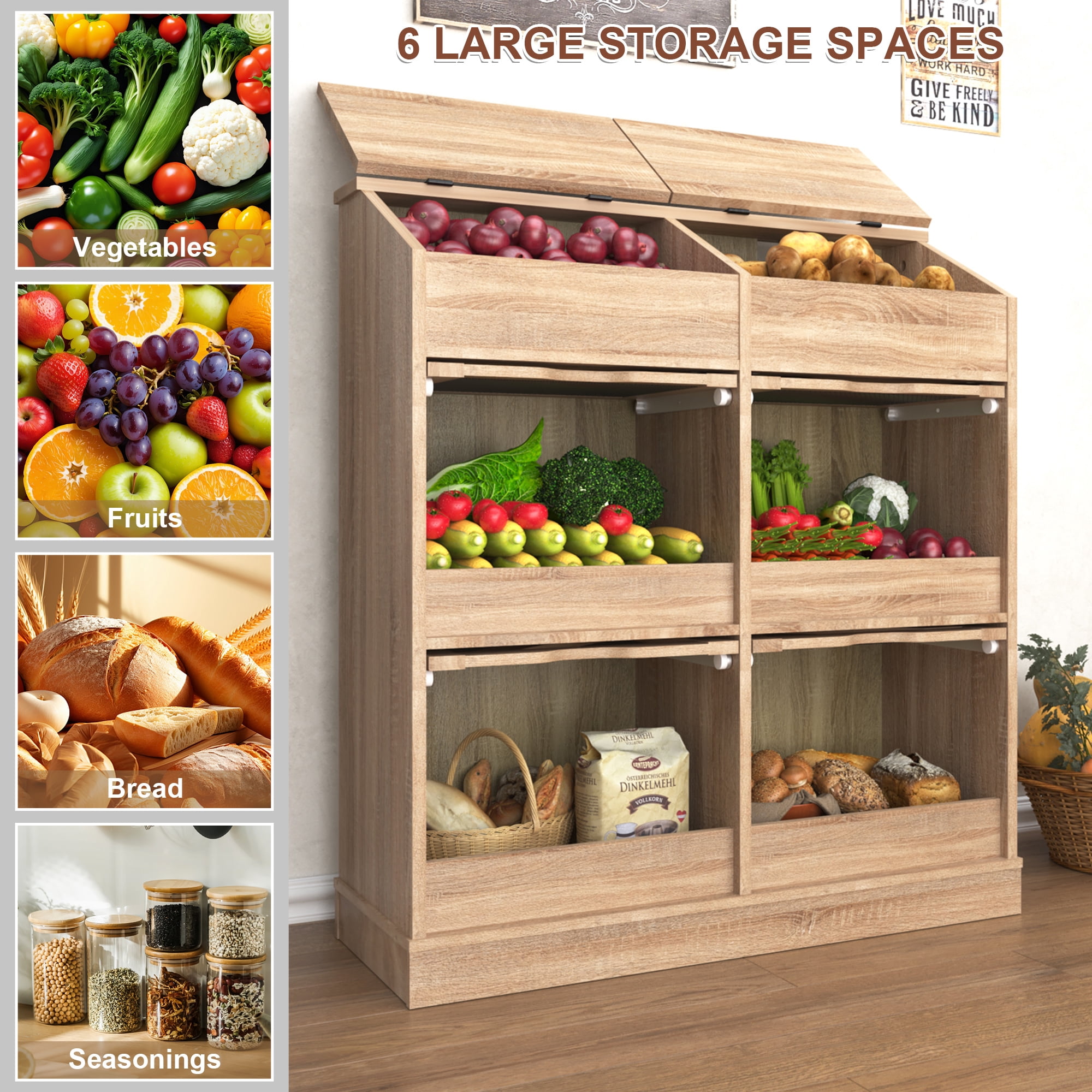 ChVans Large Wood Bread Box for Potato, Onion, Veggie Bin W/6 Compartment Storage, Farmhouse Potato Storage Bin W/Breathable Mesh Doors, Root Vegetable & Bread Keeper