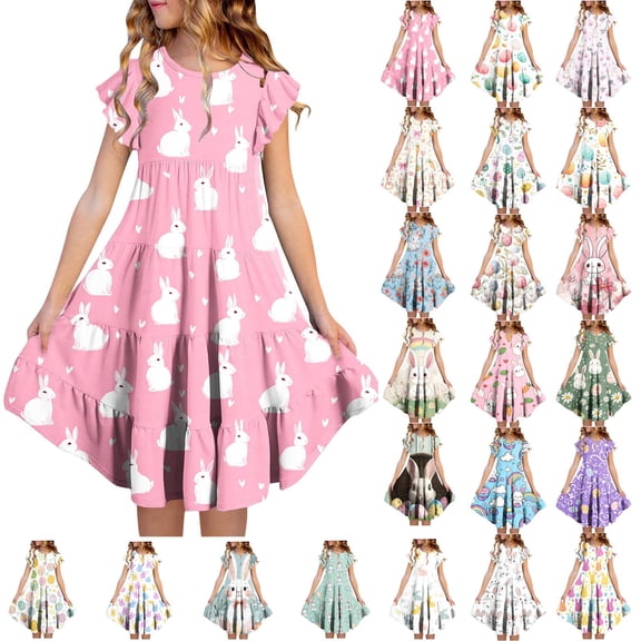 HAOTAGS Easter Dresses Girls,Bunny Garden Print Flutter Sleeve Crewneck Side Seam Pocket Multicolor 8-9 T