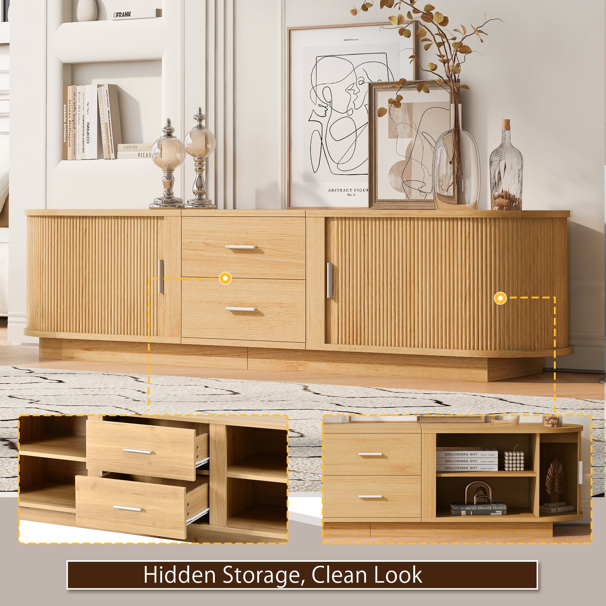 Homy Casa 70.8" TV Stand, Fluted Media Console with Drawers and Cabinets, Natural