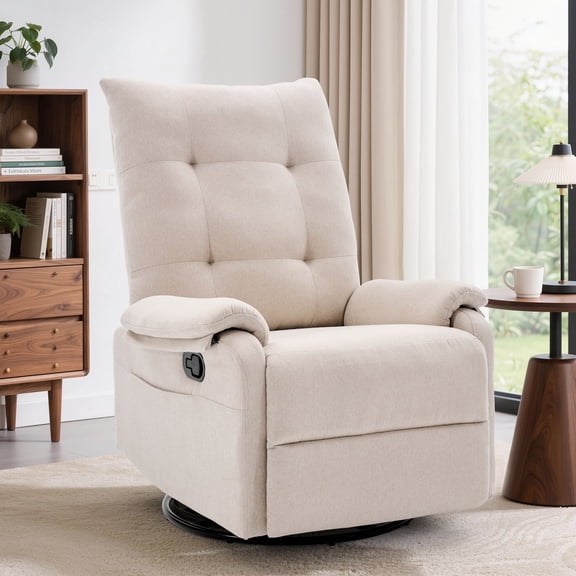 GEEYOO 360°Swivel Rocker Recliner Chair for Adults with Side Pockets,Small Recliner Chair for Small Spaces,Modern Swivel Glider Recliner for Living Room,Linen,Beige