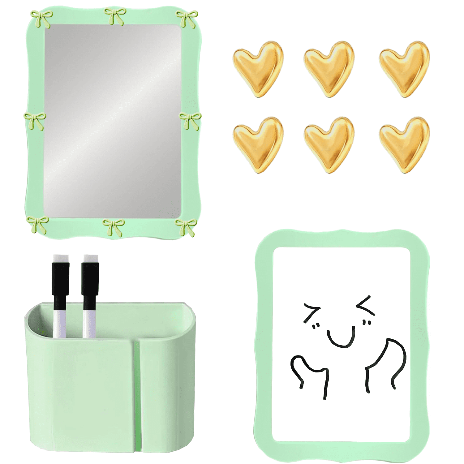 Green Locker Accessories Set with Magnetic Whiteboard, Locker Mirror, Pen Holder, Markers, Back to School Essential Locker Kit