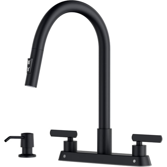 Black 2 Handle Kitchen Faucets, 4 Hole Kitchen Faucets with Sprayer, Pull Down Sprayer, Sink Faucet with Soap Dispenser, 8 Inch RV Faucet, Matte Black, Stainless Steel, Gooseneck Design