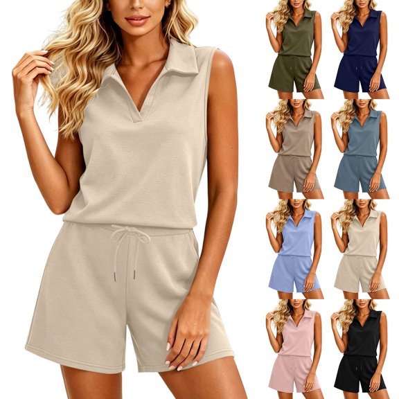 Womens Solid Color 2 Piece Outfit Set Collared V Neck Sleeveless Top Drawstring Elastic Waist Pocket Shorts Casual Matching Tracksuit for Summer Daily Sport Beige XL(XL)